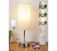Lámpara de Mesita de Noche Táctil Regulable - Lámpara de Mesa para Salón con Puertos de Carga USB C, Bombilla LED Incluida, Pantalla de Lino, Lámpara Pequeña con Cable para Dormitorio y Habitación