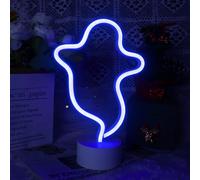 Lampara de neón fantasmal para decoración con base, letrero de luz LED en forma de fantasma con batería o alimentación USB para fiesta