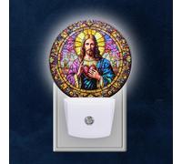 Lámpara de noche con enchufe y sensor de anochecer a amanecer, lámpara de pared LED redonda con Jesucristo sosteniendo un corazón