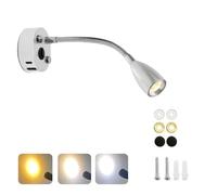 Lámpara de noche de pared de 12 V, lector de 3 colores 360° flexible con cuello de cisne, lámpara versátil con cargador rápido USB tipo C para autocaravanas, caravanas y barcos (Silver, Neutral 4000K)