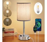 Lámpara de Noche Regulable Táctil, Lámpara de Mesa Moderna con Puerto de Carga USB C, Pantalla de Lino, Base de Metal, Lámpara Pequeña, Dormitorio, Oficina, Sala de Estar, (Incluye Bombilla) (Gris)