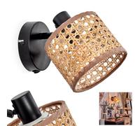 Lámpara de pared Barcos, lámpara de pared ajustable de metal/ratán/entramado vienés en negro/natural/beige, diseño moderno con pantalla ajustable (Ø 12 cm), 1 bombilla, 1 x E14, sin bombilla