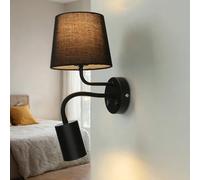 Lámpara de pared con brazo de lectura LED luz de lectura con doble interruptor de metal negro de tela para dormitorio sala de estar aplique E27 y GU10 ajustable en el interior