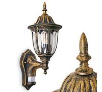 Lámpara de pared de exterior Ribadeo, detector de movimiento, aplique hacia arriba con aspecto antiguo, aluminio fundido en marrón/oro con cristales, para terraza/patio, E27, retro, sin bombilla(s)
