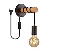 Lámpara de pared de madera Vintage industrial, Retro Aplique de pared con interruptor y enchufe, 1,8 m de cable, lámpara de noche Metal E27 para Sala de Estar Dormitorio Pasillo restaurante (Negro)