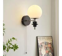 Lámpara de pared de madera vintage, lámpara de pared de vidrio con forma de globo con interruptor de cadena, aplique de pared decorativo para pasillo de noche de granja, lámpara de pared de vidrio de