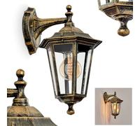 Lámpara de pared exterior Loria con aspecto antiguo de metal y cristal en negro/oro/transparente, lámpara de pared de estilo rústico clásico, lámpara de pared para terraza, E27, sin bombilla, IP44