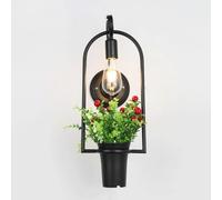 Lámpara de pared industrial con vegetación sintética, iluminación decorativa junto a la cama de hierro negro, luz ambiental, aplique de pared de un solo cabezal con base E27,Lámpara de araña