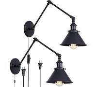 Lámpara de Pared LED Retro para Interiores con Cable, Aplique Industrial Ajustable de Doble Brazo oscilante, Estilo rústico Vintage para Estudio, Cocina y Restaurante (2 Unidades, Color negr