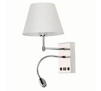 Lámpara de Pared LED rústica de Cuello de Cisne con Carga USB, Interruptor E27, Pantalla de Tela, luz de Lectura para Dormitorio, Hotel o Estudio, Acabado Cromado.