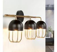 Lámpara de pared de metal, 3 focos, diseño de loft, 3 bombillas E14, en color negro, dorado y negro