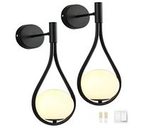 Lámpara de pared minimalista contemporánea, lámpara de pared de globo de cristal, funciona con pilas, juego de 2, cableado USB recargable, lámpara de pared inalámbrica a distancia para decoración de