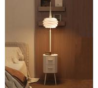 Lámpara De Pie con Mesa, Moderna Lámpara De Pie De Madera Color Crema De 3 Niveles con Mesa, Estante De Almacenamiento De Pie con 2 Cajones para Sala De Estar, Dormitorio