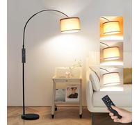 Lámpara de Pie de Arco AURA con Mando a Distancia | Lámpara para Salón Regulable | Incluye Bombilla LED E27 | Pantalla de Tela Marrón de 33 cm | Interruptor de Pie | Lámpara de Arco Vintage