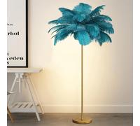 Lámpara de pie de Plumas de Avestruz Doradas con 48 Plumas Naturales de Avestruz, Ideal para Sala de Estar. Bombillas LED G4 Regulables (Alto: 160 cm) (Azul).
