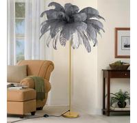 Lámpara de pie de Plumas de Avestruz para Sala de Estar, sofá, mesita de Noche, lámpara de Lectura de pie, Elegante y romántica (Altura: 177 cm/48 Plumas) (Gris)