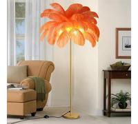 Lámpara de pie de Plumas de Avestruz para Sala de Estar, sofá, mesita de Noche, lámpara de Lectura de pie, Elegante y romántica (Altura: 177 cm/48 Plumas) (Naranja)