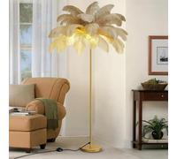 Lámpara de pie de Plumas de Avestruz para Sala de Estar, sofá, mesita de Noche, lámpara de Lectura de pie, Elegante y romántica (Altura: 177 cm/48 Plumas) (Caqui)