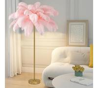 Lámpara de pie de plumas, lámpara de pie de plumas de avestruz natural, lámpara de decoración simple para dormitorio y sala de estar, cuerpo de lámpara dorado, regulable en 3 colores con bombilla