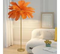 Lámpara de pie de plumas, lámpara de pie de plumas de avestruz natural, lámpara de decoración simple para dormitorio y sala de estar, cuerpo de lámpara dorado, regulable en 3 colores con bombilla