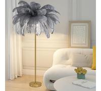 Lámpara de pie de plumas, lámpara de pie de plumas de avestruz natural, lámpara de decoración simple para dormitorio y sala de estar, cuerpo de lámpara dorado, regulable en 3 colores con bombilla