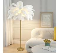 Lámpara de pie de plumas, lámpara de pie de plumas de avestruz natural, lámpara de decoración simple para dormitorio y sala de estar, cuerpo de lámpara dorado, regulable en 3 colores con bombilla