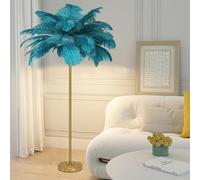 Lámpara de pie de plumas, lámpara de pie de plumas de avestruz natural, lámpara de decoración simple para dormitorio y sala de estar, cuerpo de lámpara dorado, regulable en 3 colores con bombilla