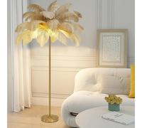 Lámpara de pie de plumas, lámpara de pie de plumas de avestruz natural, lámpara de decoración simple para dormitorio y sala de estar, cuerpo de lámpara dorado, regulable en 3 colores con bombilla