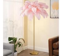 Lámpara de pie LED Moderna con Acabado Dorado y 48 Pantallas de Plumas de Avestruz, Ideal para Dormitorio o Sala de Estar. Tres Colores Regulables. 1,6 m de Alto (Rosa Claro).