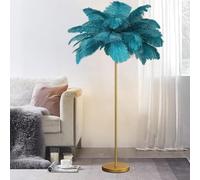 Lámpara de pie LED Moderna con Acabado Dorado y 48 Pantallas de Plumas de Avestruz, Ideal para Dormitorio o Sala de Estar. Tres Colores Regulables. 1,6 m de Alto (Azul).