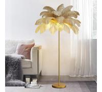 Lámpara de pie LED Moderna con Acabado Dorado y 48 Pantallas de Plumas de Avestruz, Ideal para Dormitorio o Sala de Estar. Tres Colores Regulables. 1,6 m de Alto (Caqui).