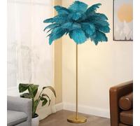 Lámpara de pie LED Moderna con Acabado Dorado y 48 Pantallas de Plumas de Avestruz, Ideal para Dormitorio o Sala de Estar. Tres Colores Regulables. 1,6 m de Alto (Azul).