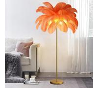 Lámpara de pie LED Moderna con Acabado Dorado y 48 Pantallas de Plumas de Avestruz, Ideal para Dormitorio o Sala de Estar. Tres Colores Regulables. 1,6 m de Alto (Naranja).