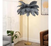 Lámpara de pie LED Moderna con Acabado Dorado y 48 Pantallas de Plumas de Avestruz, Ideal para Dormitorio o Sala de Estar. Tres Colores Regulables. 1,6 m de Alto (Gris).