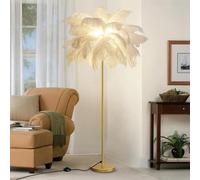 Lámpara de pie LED Regulable, lámpara de pie de Plumas de Avestruz Natural con Acabado Dorado, lámparas de pie de Ambiente Moderno para Sala de Estar, Dormitorio, decoración del hogar