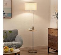 Lámpara de pie Lindby Zinia, color níquel, estante, conexión USB