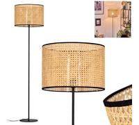 Lámpara de pie Ramila, de metal/entramado vienés/ratán en negro/natural, lámpara de diseño escandinavo con pantalla redonda (Ø 40 cm) y interruptor de pie, altura 158 cm, 1 x E27, sin bombilla