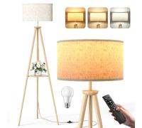 Lámpara de Pie Trípode LED Regulable Con Separadores de Almacenaje - 12W Lampara de Pie Madera con Mando & Bombilla E27, Luz para Leer para Salón, Dormitorio, Marrón Claro - Estante Triangular