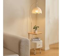 Lámpara De Pie Y Mesa Auxiliar Combinadas, Mesa Auxiliar con Luz Ajustable De 3 Colores, Pantalla De Tela De Algodón Y Lino, Mesita De Noche Sencilla con Cajones(White)