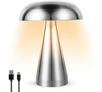 Lámpara de setas Lámpara de mesa inalámbrica portátil USB recargable Luz de setas Control táctil Luz nocturna con atenuación de 3 colores Lámpara de noche decorativa de metal para el hogar (Plata)