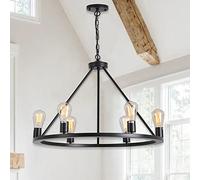 Lámpara de Techo Colgante de Metal Moderna con Forma de Rueda de carreta Negra - Estilo Industrial Vintage de 6 Luces, Ideal para Comedor, Sala de Estar o Isla de Cocina.