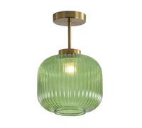 Lámpara de Techo de latón Antiguo de Mediados de Siglo con Montaje semiempotrado de Vidrio Verde Vintage y Acabado Dorado Cepillado para Cocina.