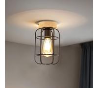 Lámpara De Techo E27 Ø 15 Cm Redonda Negra Marrón Metal Madera Interior