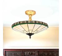 Lámpara De Techo Estilo Tiffany Vidrio Verde Blanco En Latón Antiguo