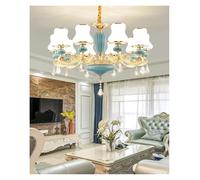 Lámpara de Techo, Light Blue Ceramic White Glass Lampshade European Living Room Chandelier Luxury Crystal Bedroom Lamps Hanging Chain Adjustable(Cold,10 Light Arms)
