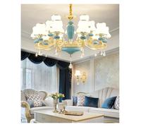 Lámpara de Techo, Light Blue Ceramic White Glass Lampshade European Living Room Chandelier Luxury Crystal Bedroom Lamps Hanging Chain Adjustable(Cold,4-8 Light Arms)