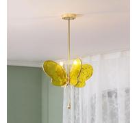 Lámpara de Techo Moderna Tiffany Mariposa Amarilla Vintage, lámpara de araña de Resina con Panel de Vidrio y 2 Pantallas, Estilo Art déco Creativo, Montaje semiempotrado.