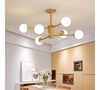 Lámpara de Techo rústica de Madera y Vidrio lechoso de 6 Luces, Estilo Sputnik, Estilo Granja, semiempotrada, Moderna de Mediados de Siglo, para Cocina, Isla, Dormitorio, Comedor, Sala de es