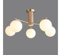 Lámpara de Techo Sputnik Dorada, semiempotrada, de 5 Luces, con Globo de Vidrio lechoso, de latón, Estilo Mediados de Siglo, para Comedor con Columna Central de Madera Natural.