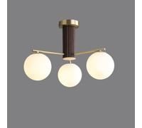Lámpara de Techo Sputnik Dorada, semiempotrada, de Tres Luces, con Globo de Vidrio lechoso, de latón, Estilo Mediados de Siglo, para Comedor con Columna Central de Madera de Nogal.